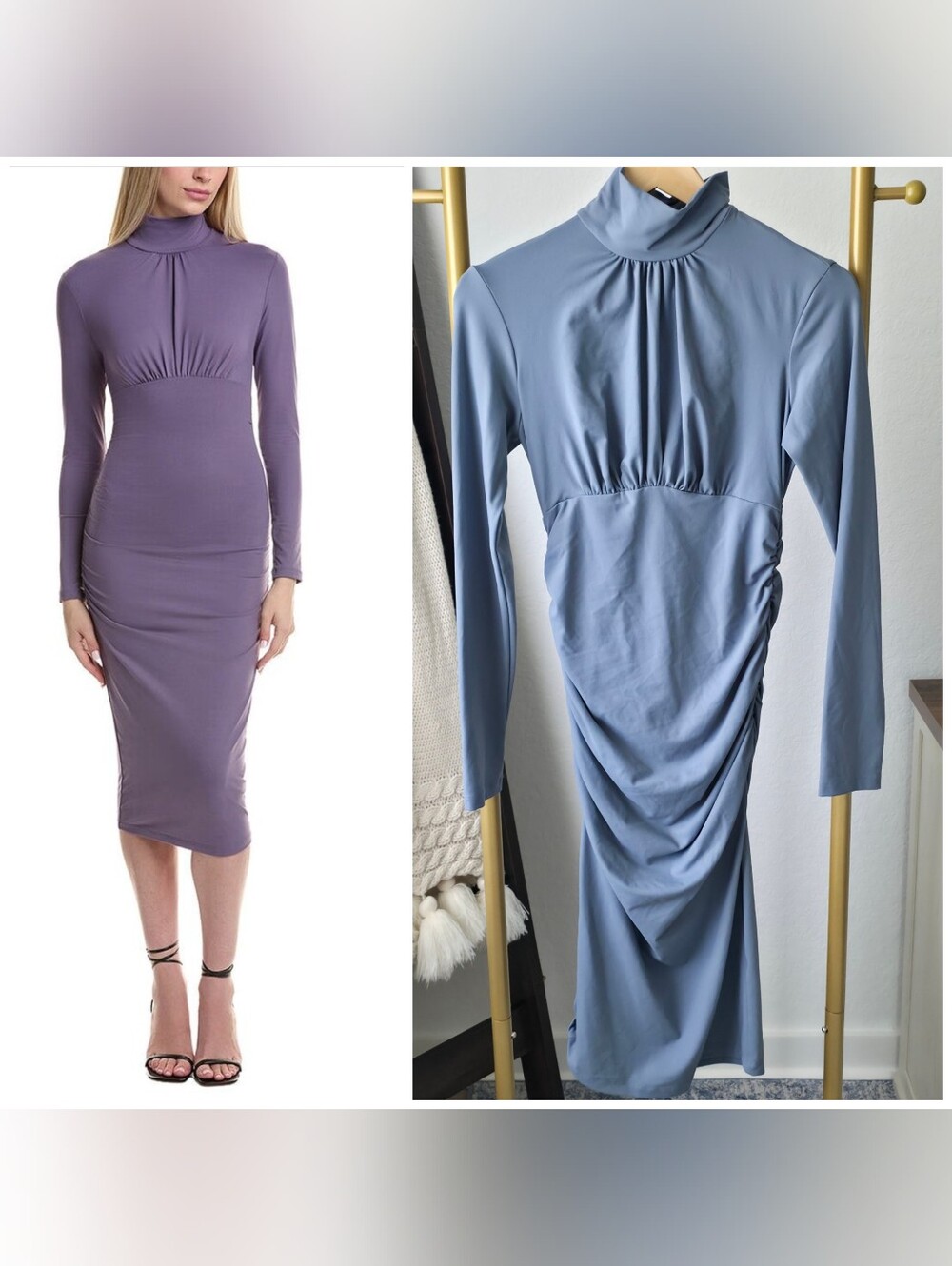 Susana Monaco Mock Gathered Midi Dress, Light Blue, Size Medium, Long Sleeve